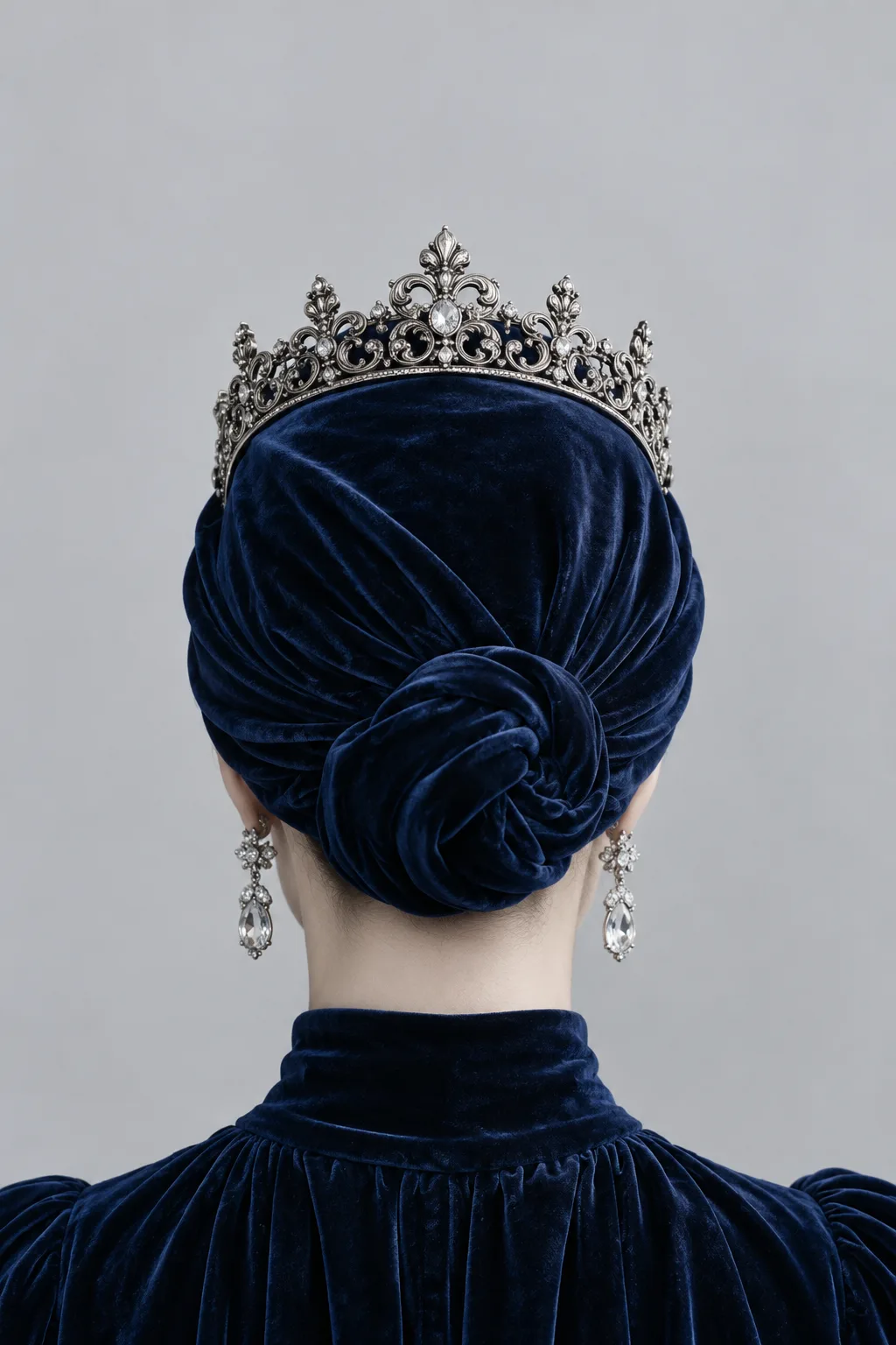 Seen from behind: a navy velvet turban knot and turtleneck