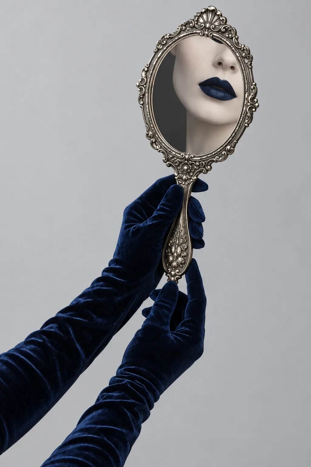 Navy velvet opera gloves holding an ornate silver hand mirror