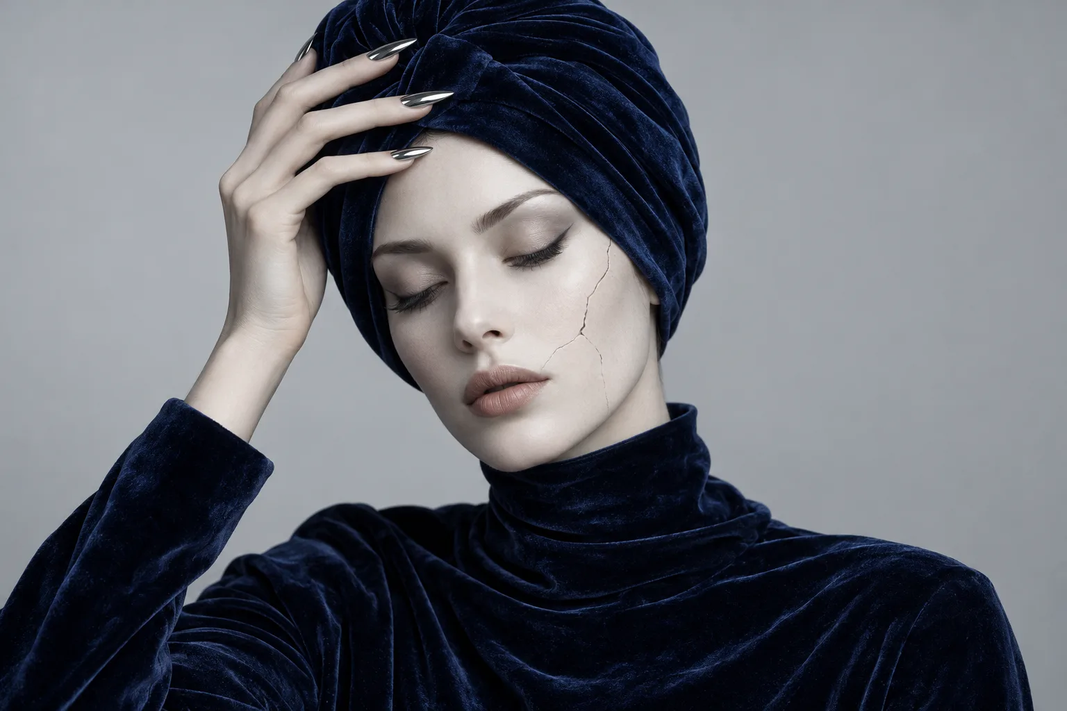 A hand with chrome nails setting a navy velvet turban