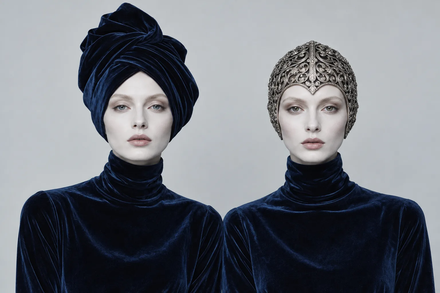 Two porcelain-faced models in navy velvet, one in a turban, one in a silver helmet