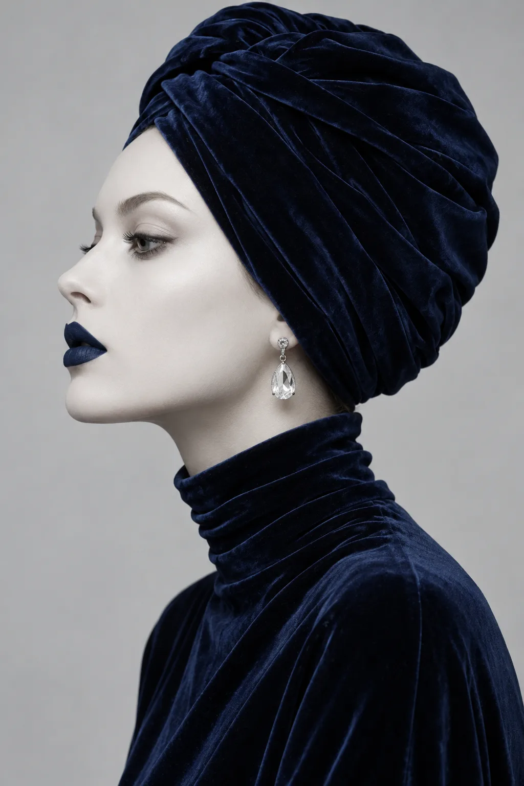 Side profile in a navy velvet turban and turtleneck
